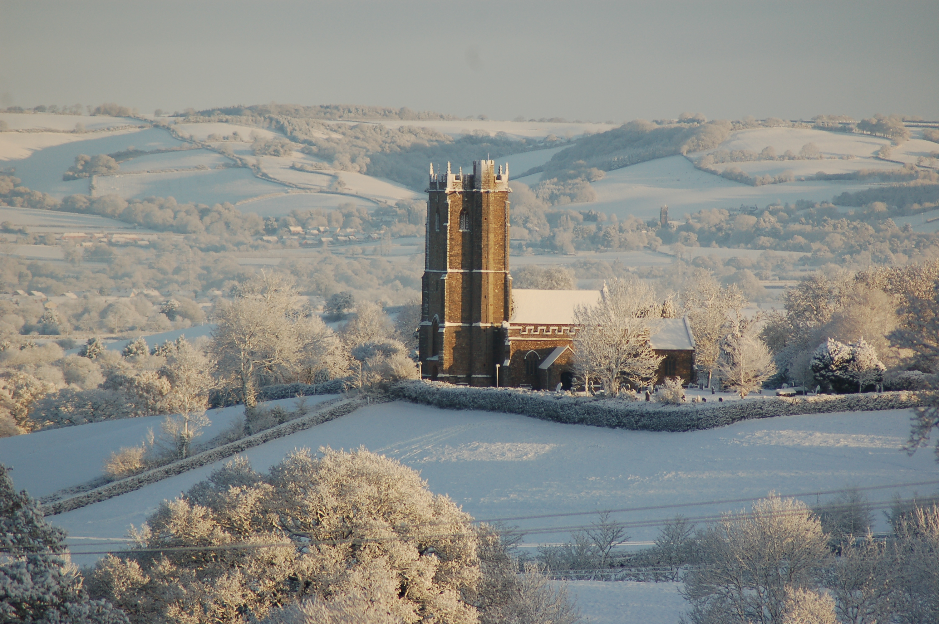 St Mary's on a cold and frosty day, viewed from the direction of Manley's Farm.
